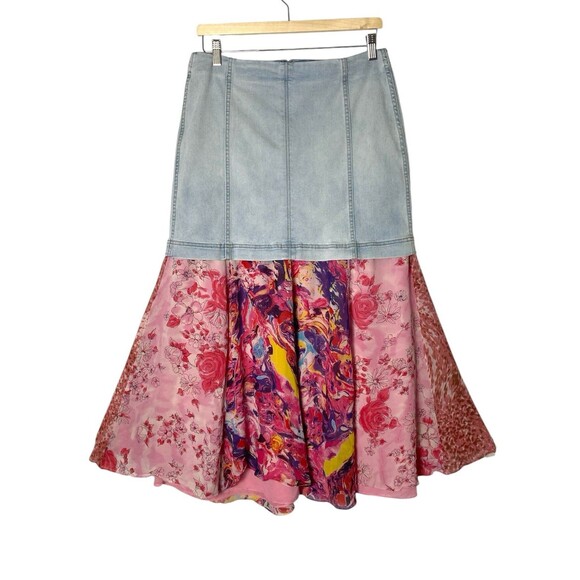 Vintage Denim + Pink Silk Chiffon Skirt M Y2K Boho Fairycore Whimsgoth - Picture 1 of 5